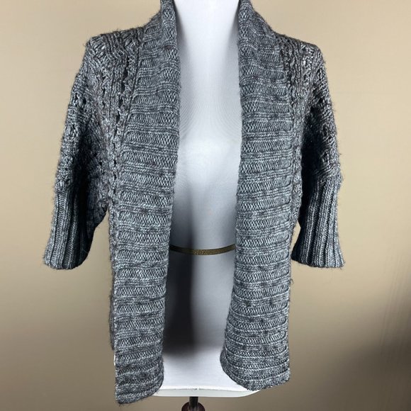 Express Women's Elbow Sleeve Open Knit Cardigan Sweater Size S Heathered Gray - Picture 2 of 7